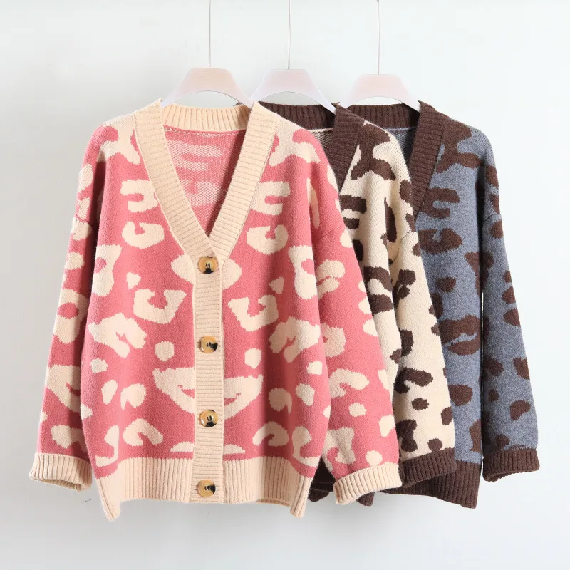 H.SA Women V neck Button Up Knit Pink Grey Leopard Knitted Cardigans Soft Cashmere Sweater Jacket 210417