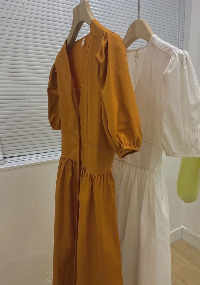Mode vert citron robe mi-longue femme lanterne manches col en v un col en v femme vêtements de vacances 210421
