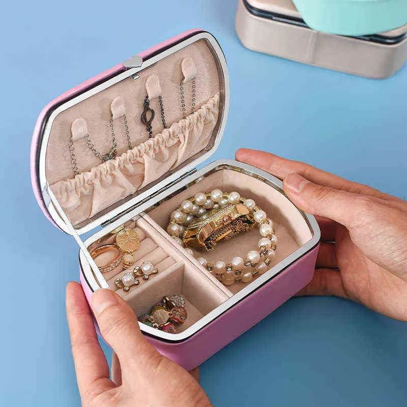 Organisateur de bijoux en cuir PU avec miroir pour femmes filles mère voyage portable bague collier bracelet bijou boîte de rangement 211105