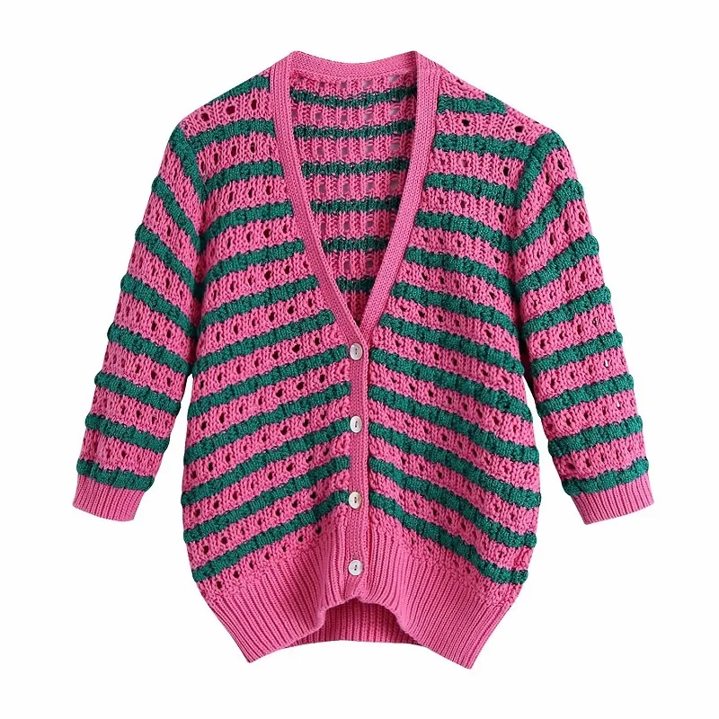 VUWWYV, cárdigan recortado a rayas rosa y verde, suéteres para mujer, Primavera Verano, botones delanteros de punto elegantes, chaqueta de manga corta 210430