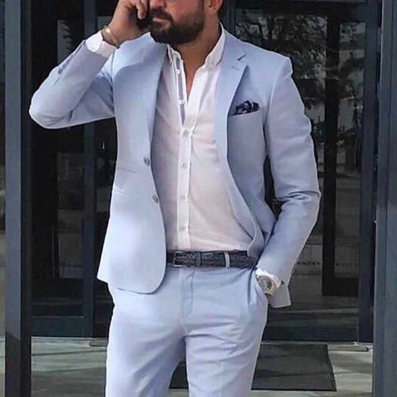 Bleu ciel lin plage hommes costumes 2021 été 2 pièces Slim Fit marié smoking pour mariage nouveau mâle mode veste avec pantalon X0909