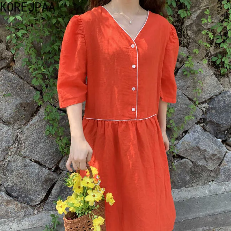 Korjpaa Kvinnor Klänning Korea Chic Sommar Fransk Elegant Orange V-Neck Edge Single-breasted High Waist Loose Vestido Kvinna 210526