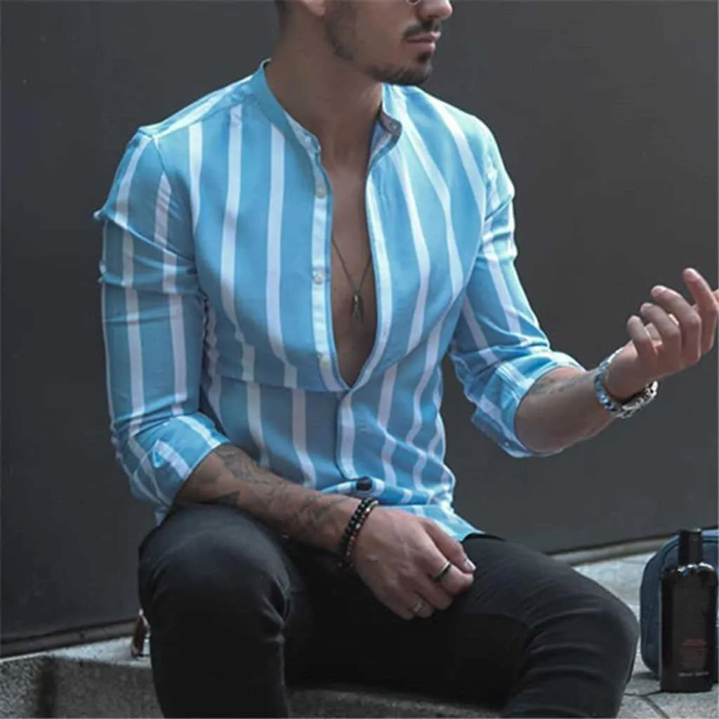 KANCOOLD Gömlek erkek Moda Çizgili Baskılı Uzun Kollu Nefes Slim Fit İş Bluz Erkek Gömlek Rahat May29 210721