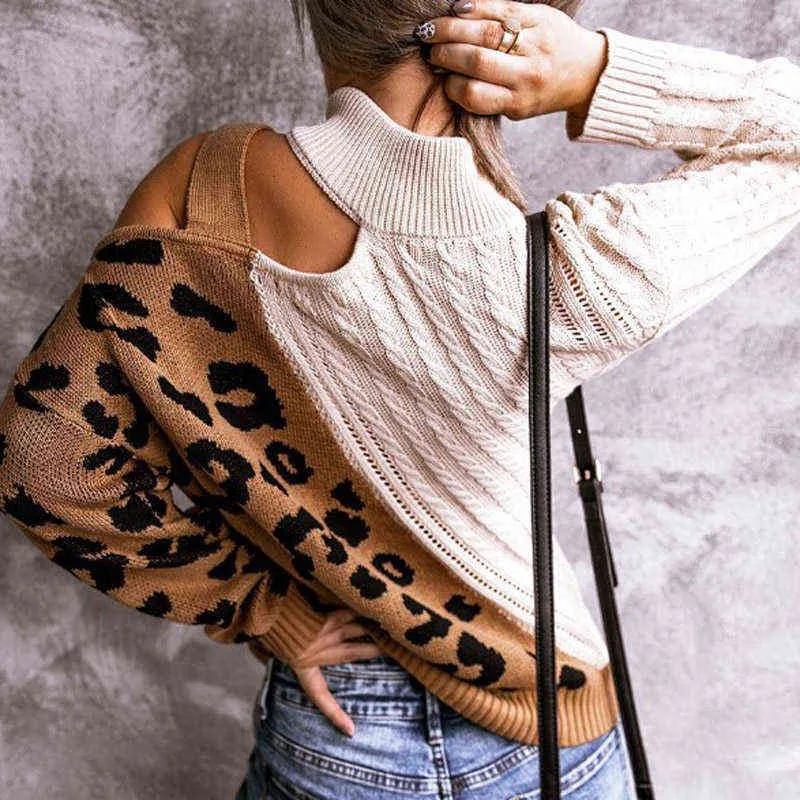 Kvinnor sweaters turtleneck sexig av axel stickade tröjor vinter elegant leopard tryckta patchwork pullover ihåliga topp toppar y1110