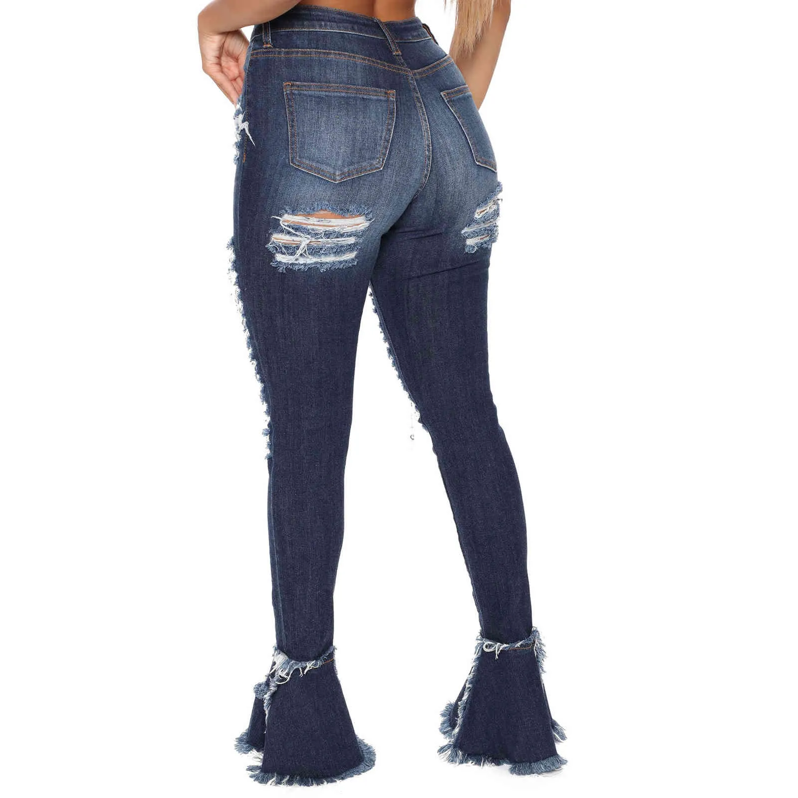 Rouge bleu taille haute Denim pantalon jean mode classique trou moulante Flare pantalon pour femmes automne Streetwear 210525