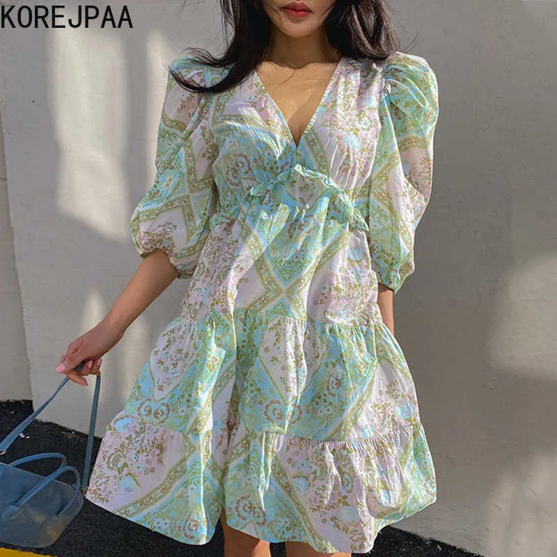 Korejpaa Kobiety Sukienka Koreański Chic Miękkie Retro Drukuj V-Neck Drewno Ear Słuszczenia Luźna Sukienka Krótka Plaża Vestido Letnie Ubrania 210526