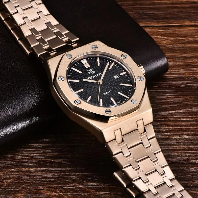 腕時計2021 Benyar Quartz Mens Watches Gold Wristwatch Men Stainless Steel Waterfroof Watch Simple Clocio LeLogio Masculin202W