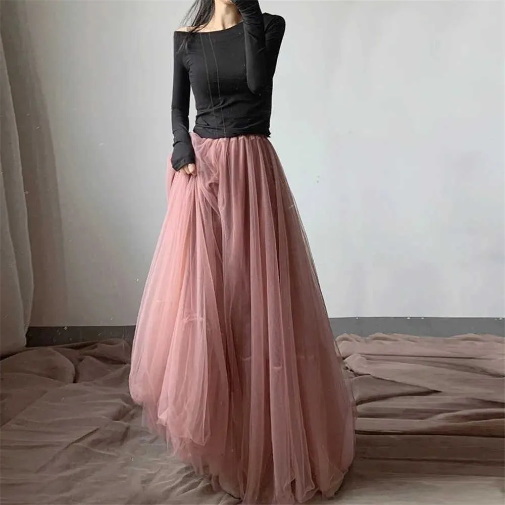 Plus Size Maxi Long Tulle Skirt Women High Waist Ball Gown Skirts Summer Elastic Waist Adult Tutu Skirts Jupe Longue Femme 210619