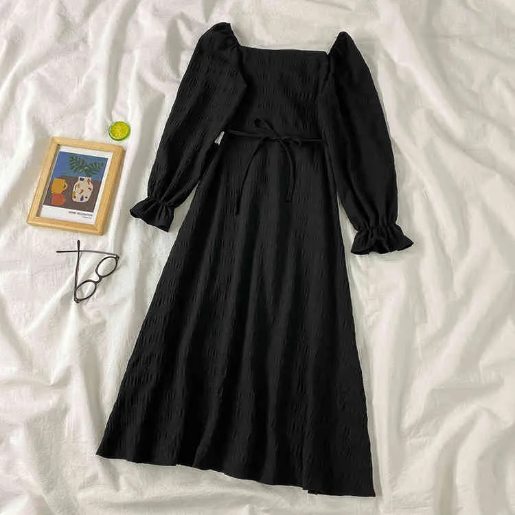 Kimutomo Hepburn Style Black Dress Kobiety Francuski Styl Moda Damska V-Neck Z Długim Rękawem Slim Elegancka Vestidos Spring 210521