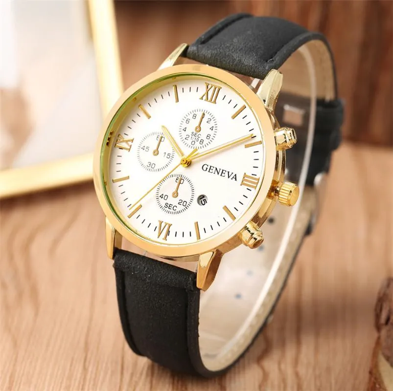 Dekoration Fake Chronograph Dial Quartz Men's Watch Stylish Casual Mens Leather Wrist Watches Auto-Date Display Male Wristwat303J