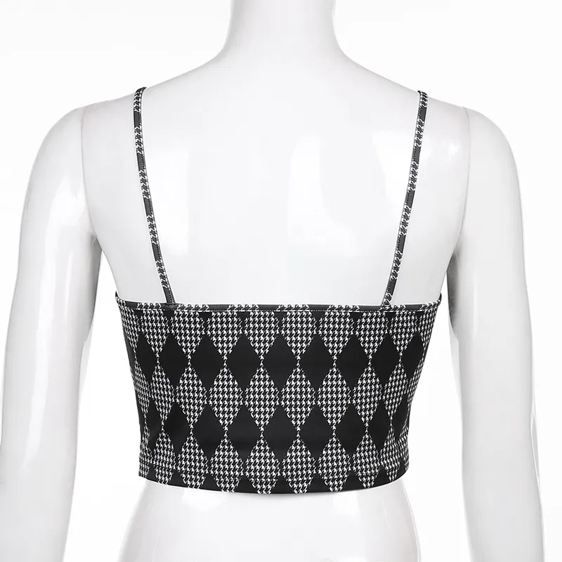 Argyle Drukowane Y2K Camis Crop Top dla Dziewczyny z cienkim paskiem Lato Kobiety Vintage Kratę Koszula Backless Sexy Party Tee Kobieta 210510