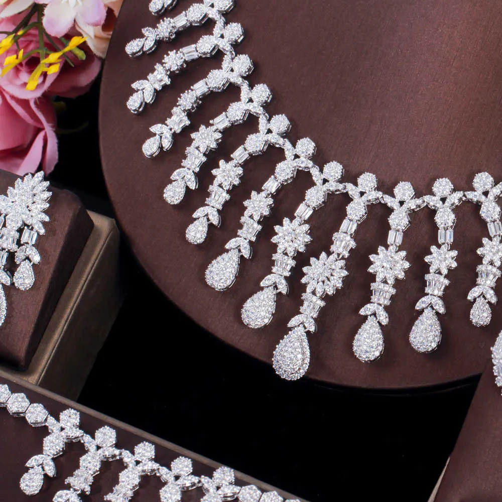 CWWZircons Super Shiny Luxury African Dubai CZ White Gold Color Women Big Wedding Jewelry Set for Brides Party Wear T528 H1022