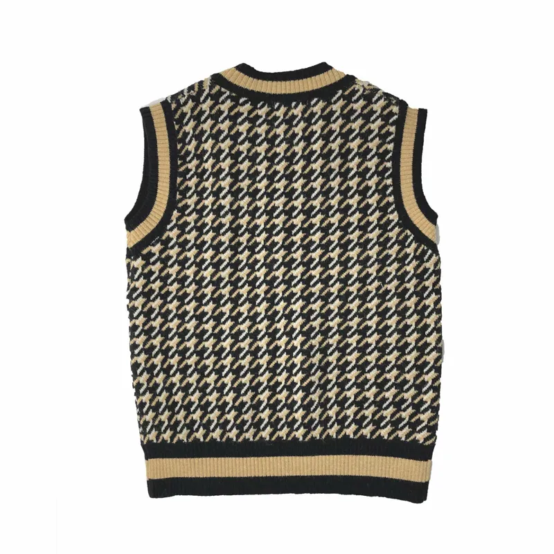 Vuwwyv Textured Weave Stickat Topp Kvinnor Vårkontrast Ribbed Houndstooth Sweater Vest Femal Ärmlös Streetwear Toppar 210430