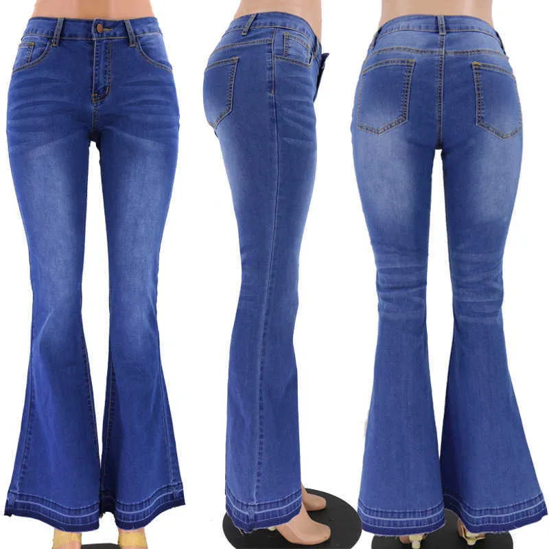 Plus Size Donne Jeans Flare Jeans Primavera Moda a vita bassa Skinny Bell Bell Bottom Woman Vintage Wide Gamba Denim Pants Streetwear 210720