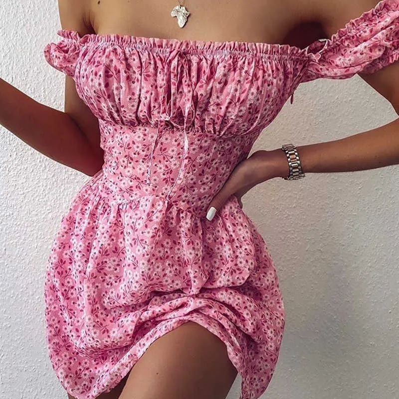 Imprimé floral mode froncé Sexy dos nu Mini robe d'été manches bouffantes vacances d'été Dresse vêtements 210623