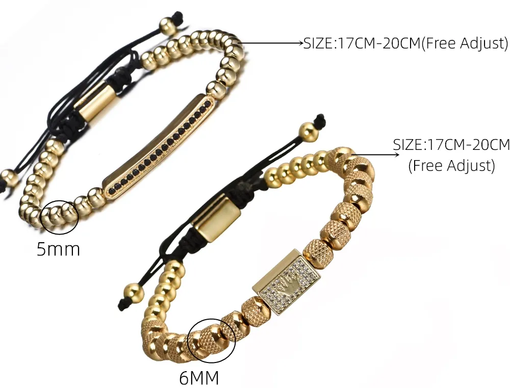 Set Charm Perles en acier inoxydable Gold Set Luxury S for Men CZ Zircon Crown Bracelet252a