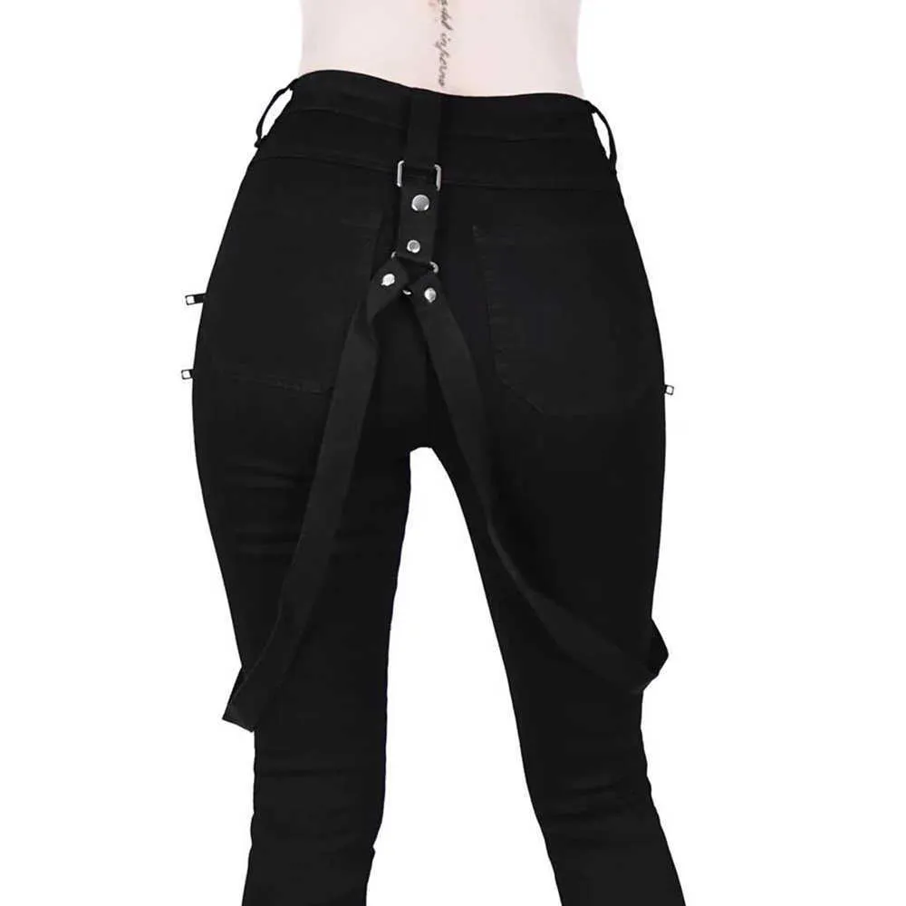 Frauen Gothic Bleistift Hosen Hosen Gürtel Reißverschluss Damen Streetwear Lange Solid Black Hip Hop D30 210925