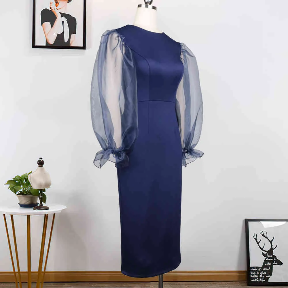 Women Dress Navy Blue Bodycon See Through Patchwork Long Sleeve Elegant Office Ladies African Fashion Plus Size Slim Spring Fall 210416