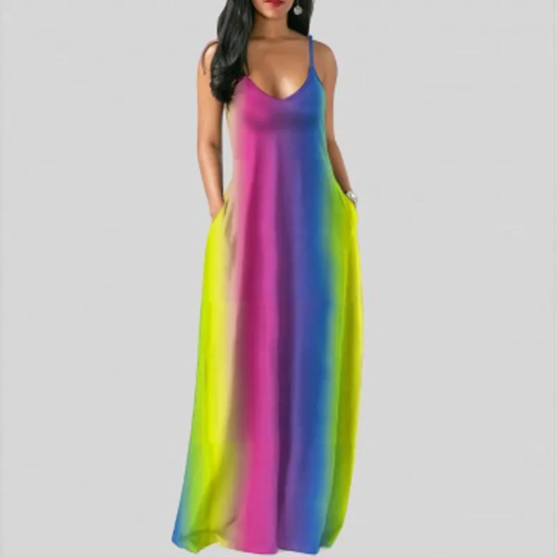 Frauen Farbverlauf Nähte Sexy Tiefem V-ausschnitt Sexy Träger Kleid Sommer Strand Kleid Plus Größe Maxi Kleider für Frauen 210521