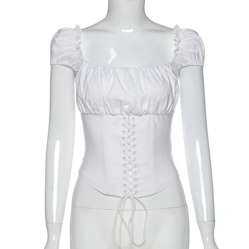 CNYISHE Off épaule Mode Chemise à lacets Femmes Blanc Bandage régulier T-shirts Femme Streetwear Tops Vintage Tie Front Tops 210419