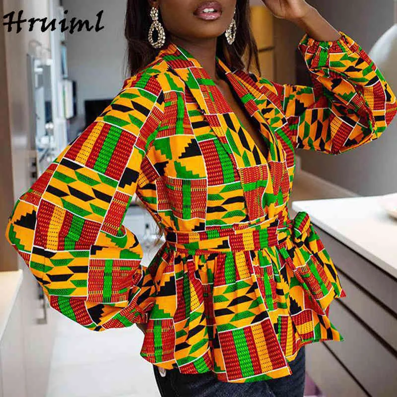 Mäntel und Jacken Frauen V-Ausschnitt Mode Afrikanischer Stil für Druck Strickjacke Riemchen Laterne Ärmel Jacke 210513