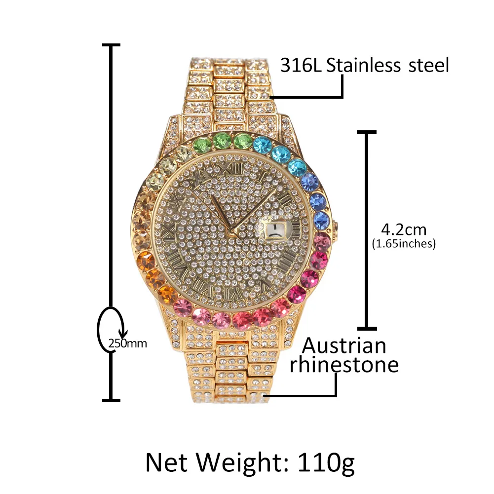 Hoge kwaliteit hiphop kleurrijk horloge 316L roestvrijstalen kast deksel volledige diamant kristallen band horloges kwarts pols horloges rapper199u