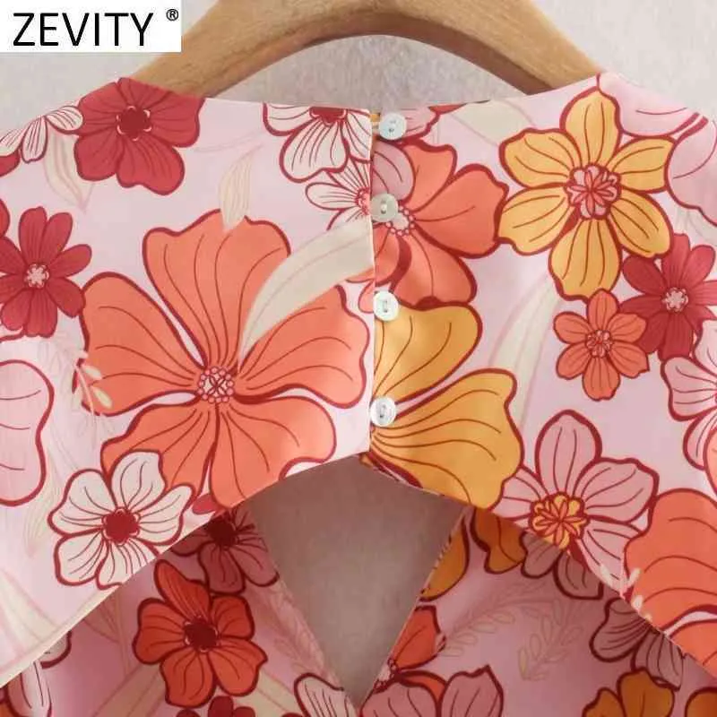 Zevity Summer Women Tropical Floral Print Puff Sleeve Slim Mini Dress Female Backless Bow Tied Chic Boho Beach Vestidos DS8327 210419