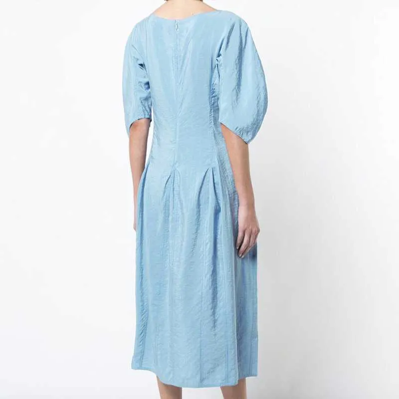 Vestido azul de manga corta de verano para mujer, corte en A, suelto, informal, para mujer, diseño japonés, sencillo, con cuello redondo, 13A190 210525