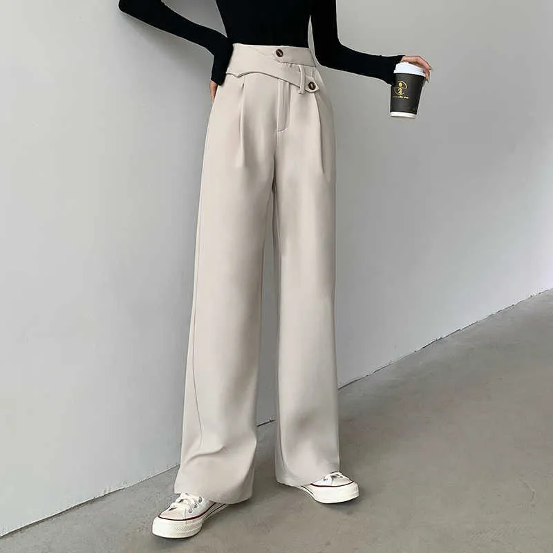 HziriP Women Office Lady Straight Hot 2021 New Plus Size S-L OL Minimalist High Waist Wide Leg Work Wear Pants Solid Trousers Q0801