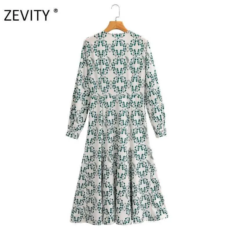 Zevity Women vintage o neck long sleeve green leaves print shirt dress office lady breasted vestido chic midi Dresses DS4205 210603