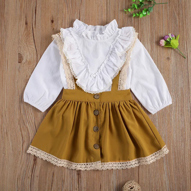 1-6y outono primavera criança criança garota roupas de roupa set ruffles manga comprida blusa lace tutu saias princesa criança trajes 210515