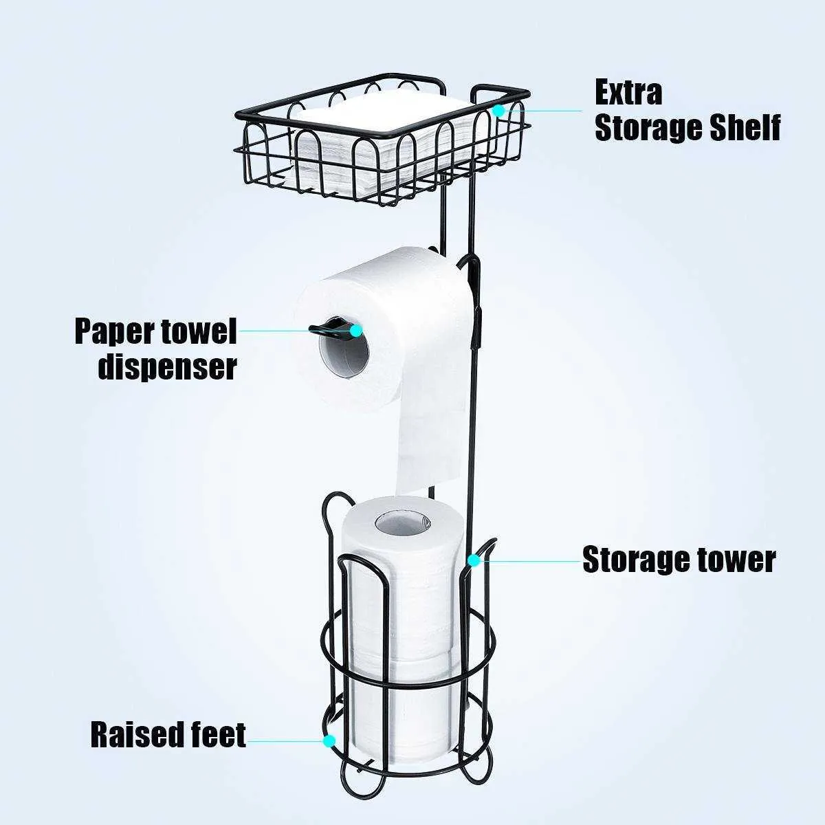 Black Metal Floor Standing Paper Roll Holder Stand Organizer Toilet Towel Rack Bathroom Hardware Vertical Storage Basket 210720