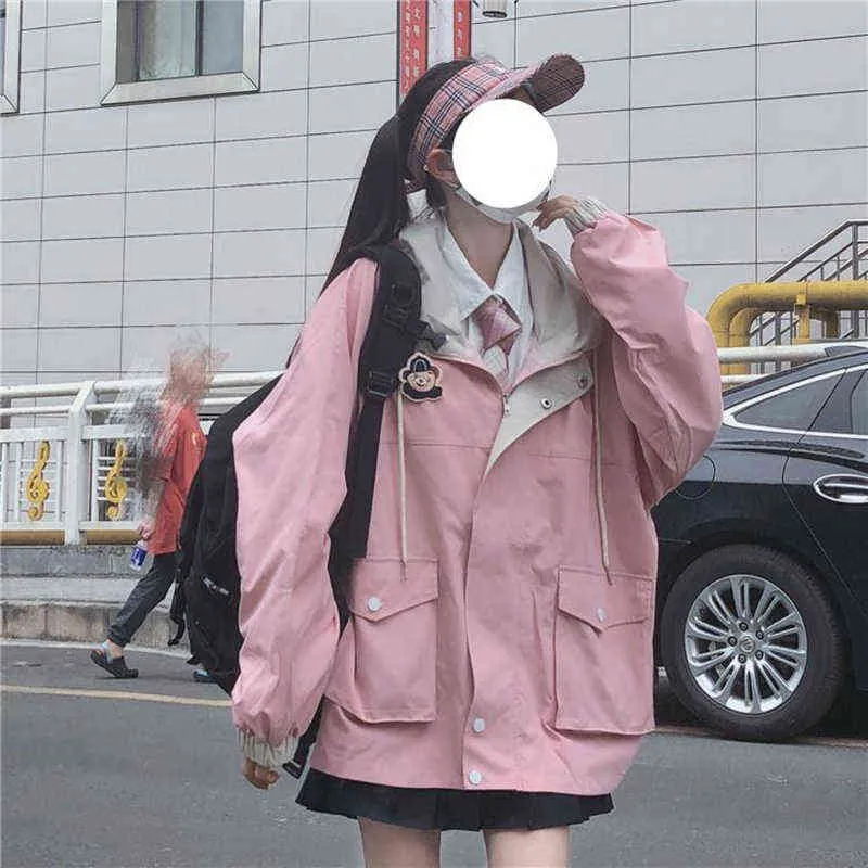 Japanese kawaii Zipper pink woman jacket Korean color matching winter clothes Loose cute female tops coat manteau femme 211126