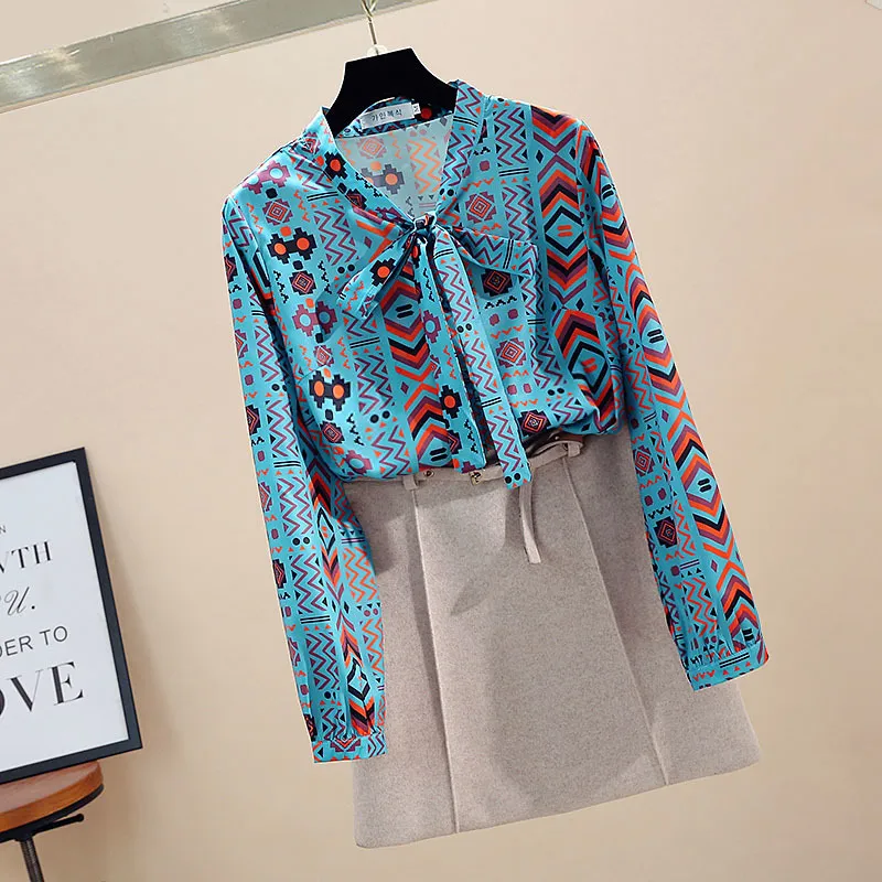 Spring Autumn Women's Blouse Geometric Pattern Print Bowknot Shirt Korean Style Slim Long Sleeve Female Tops GX314 210507