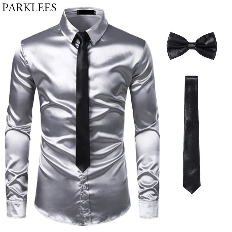 Noir Hommes Chemises Habillées En Soie Chemise + Cravate + Noeud Papillon Chemise En Satin Lisse Hommes Slim Fit Party Prom Chemises Décontractées Hommes Social Camisa 210410