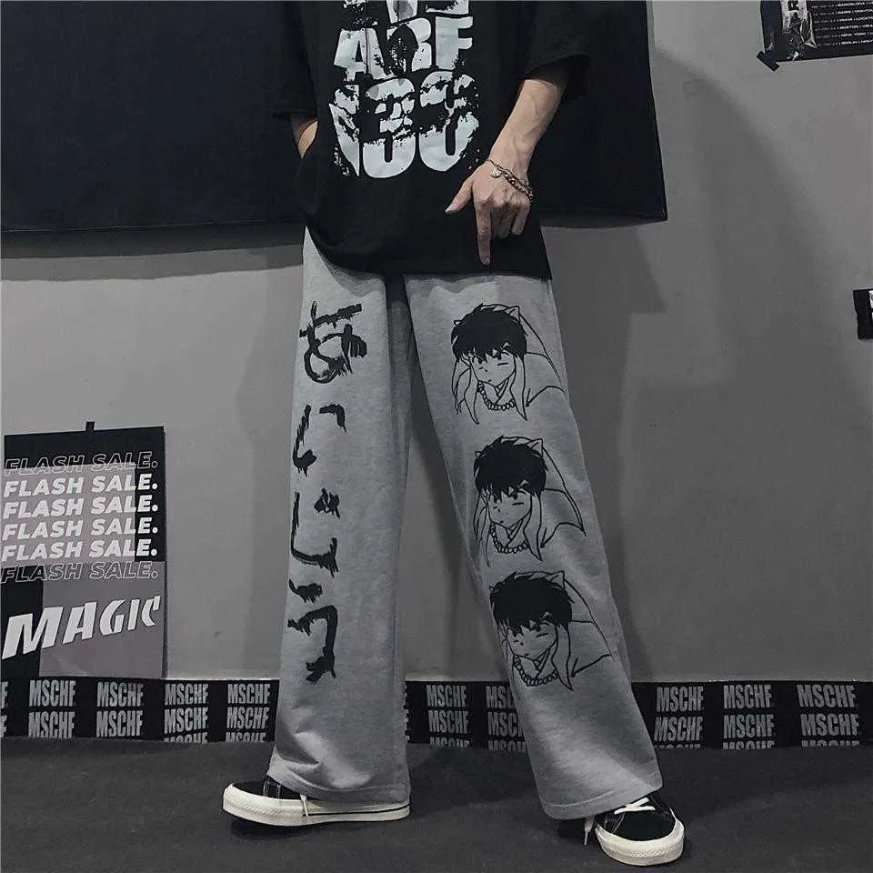 Harajuku anime tecken mode japansk mönster hip hop wide ben byxor kvinnor män casual streetwear elastiska midja jogger 210925