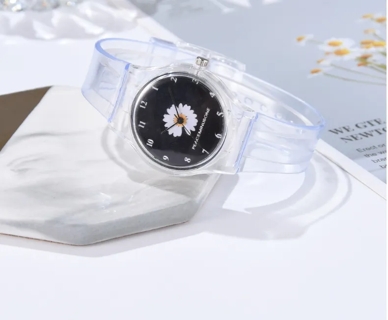 Mała Daisy Jelly Watch Studenci Girls Cute Cartoon Chrysanthemum Silikonowe zegarki Transparent Pin Pin BurekleWatches325h