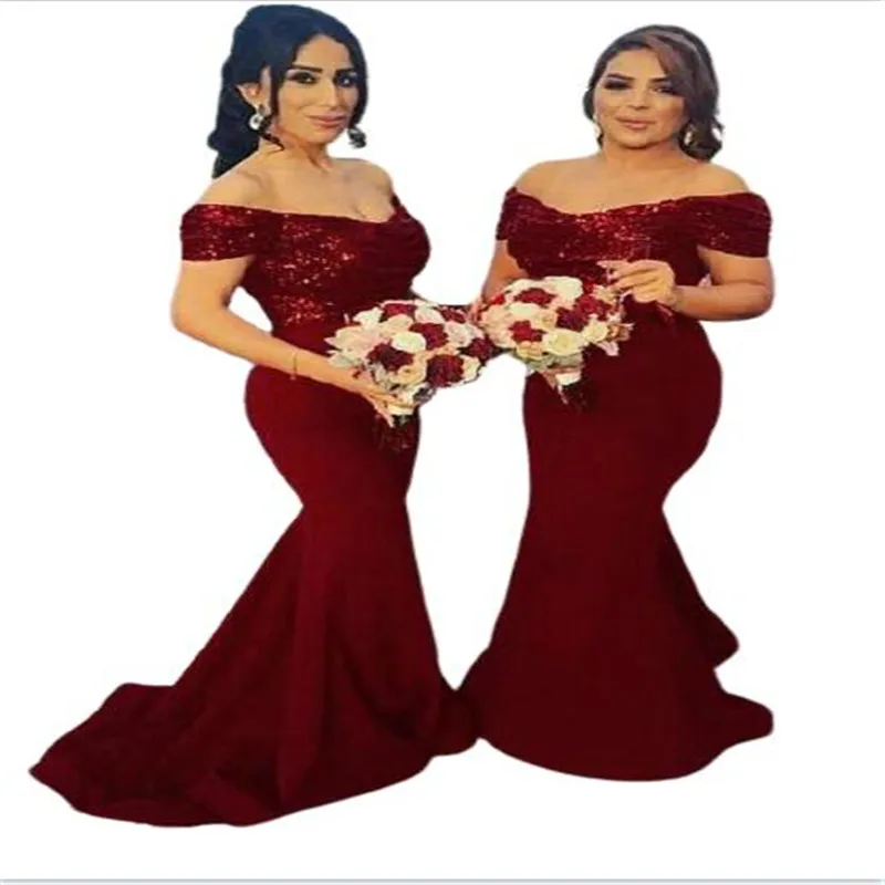 Бордовое платье подружки невесты с блестками и кружевом Русалка с открытыми плечами Свадебные платья для гостей Длинные платья для выпускного вечера Gown258e