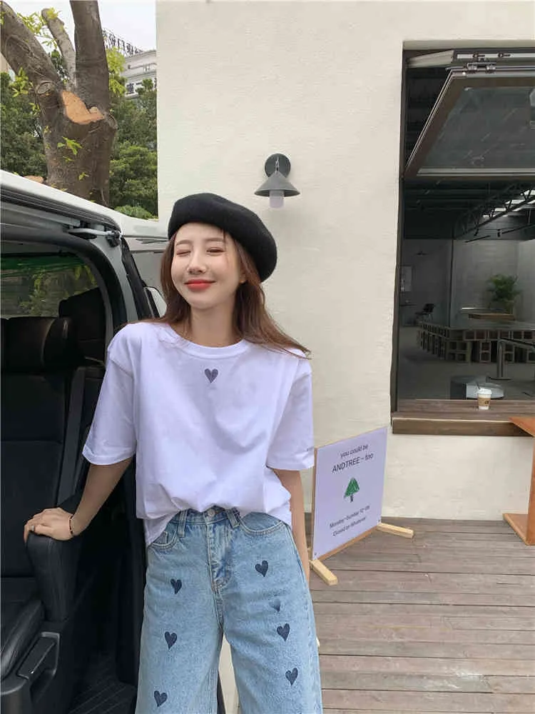Femmes d'été Tops de style coréen Imprimé d'amour à manches courtes T-shirts T-shirts Femmes Tee shirt Femme R99543 210423