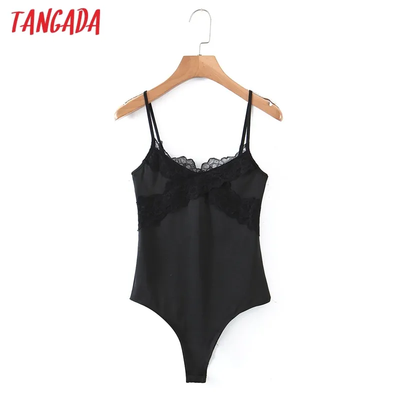 Femmes Black Lace Patchwork Body Big Stretchy Mode Solide Chemise Playsuit Tops SL09 210416