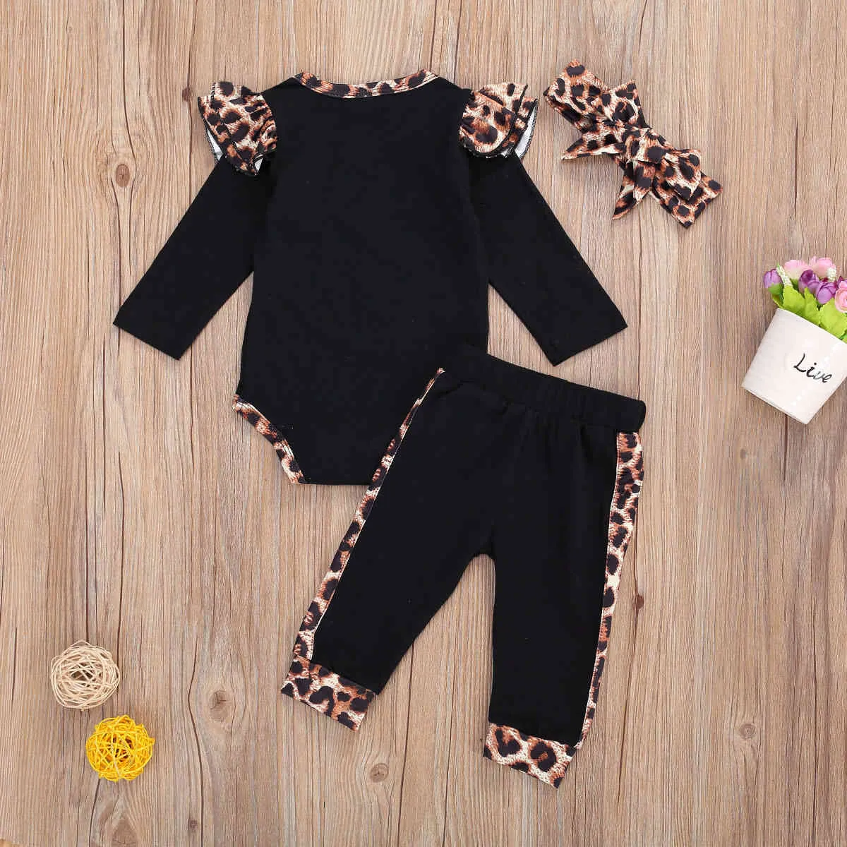 0-24m nascido infantil bebê menina leopardo set letra ruffles romper calças headbits outfits 210515