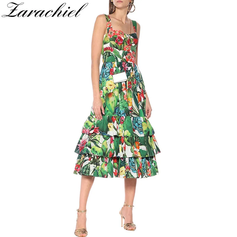 Runway Sommer Tropical Jungle Fruit Blumendruck Strand Damen Spaghettiträger Rückenfrei Schichten Kuchen Rüschen Langes Kleid 210416