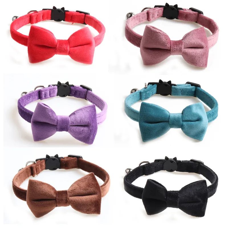 Fluwelen kattenboorden kraag effen kleur bowknot puppy chihuahua ketting met bell verstelbare veiligheid gesp strikdas huisdieren accessoires