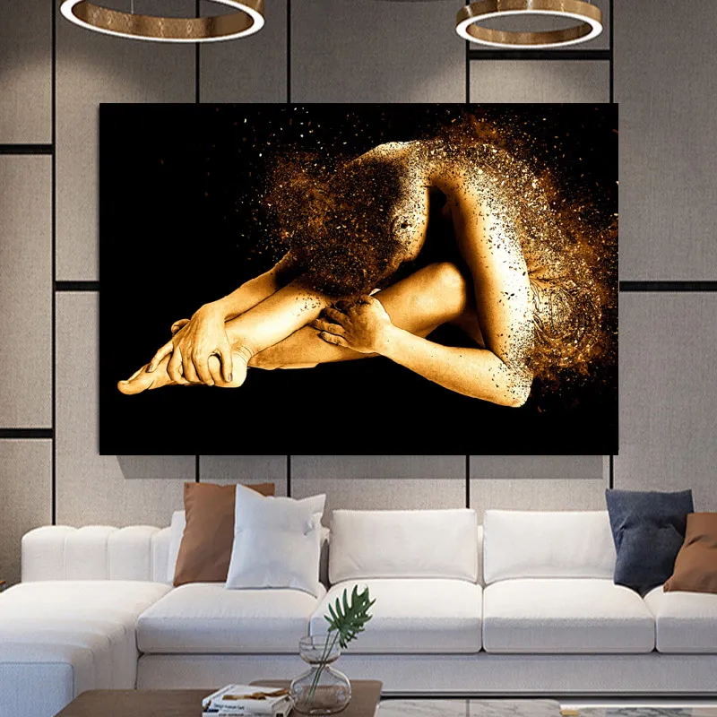 Modern grande tamanho dourado mulher pintura canvas arte imagem retrato abstrato retrato posters e impressões para sala de estar decoração de casa