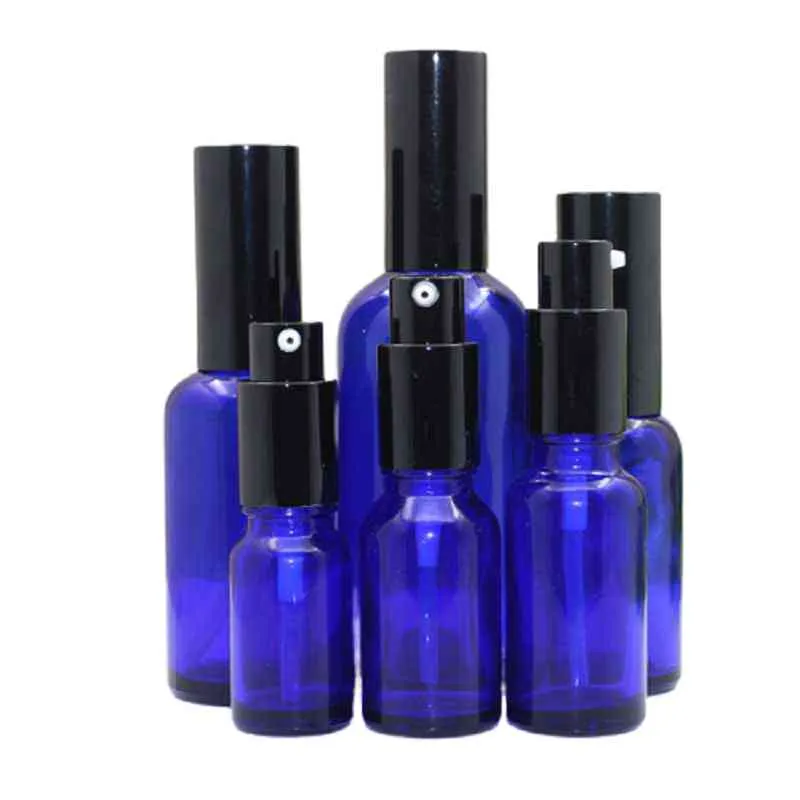 Blue Glass Spray Lotion Pump Bottle Black Cap Cosmetic Packing Empty Perfume Atomizer Vials 10ml 15ml 20ML 30ml 50ml 100ml 