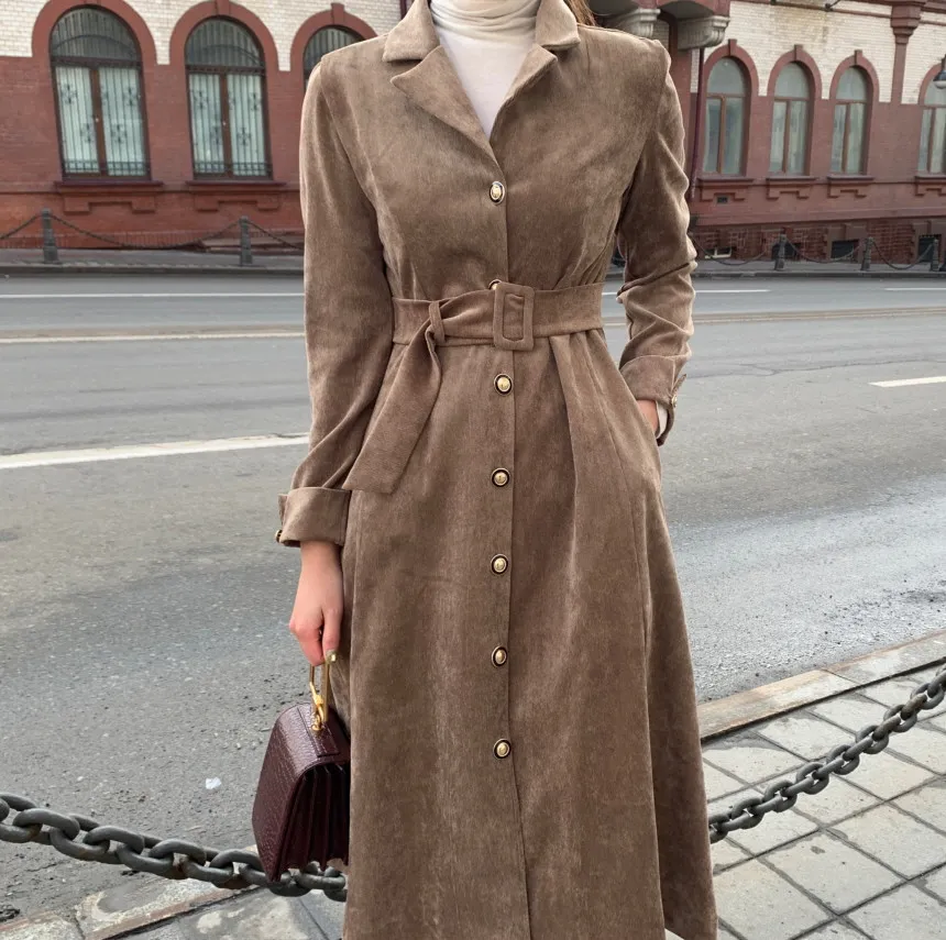 Spring Autumn Women Casual Corduroy Eleagnt Lace-Up Slim Dress Fashion 210515