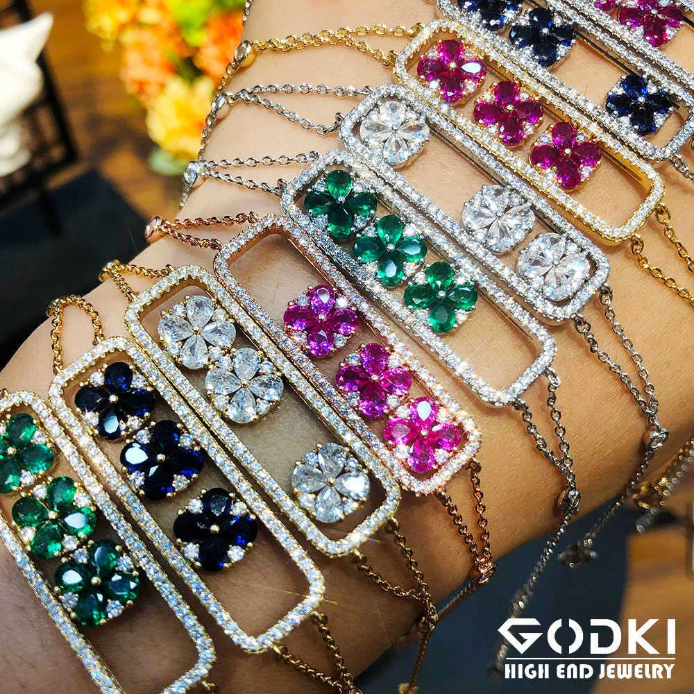 Godki New Luxury Flower Cuban Link Bracelets Bangles Cubic Zirconia Cz Bohemian Cuff Bracelets for Women Femme Fashion Jewelry Q0720