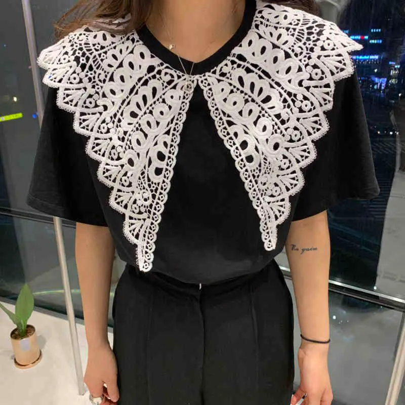 Summer Women's Loose Short-sleeved T-shirt Fashion Sweet Lace Turn-down Collar Woman Female Tops GX390 210507