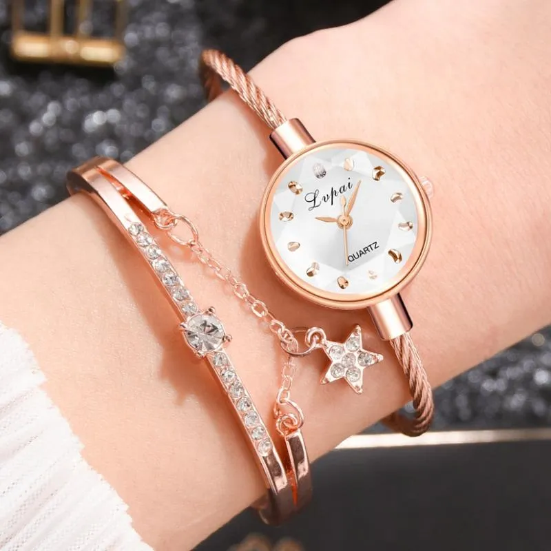 PCS Set Luxury Women Armband Watches Bangle Style Dress Watch Ladies Rose Gold Quartz Clock Wrist Zegarek Damski Wristwatches271e