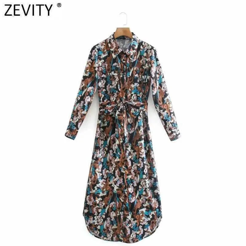 Zévity Femmes Vintage abstrait Graffiti Poche Chemise de poche robe Femme manches longues arc en caille Vestido Casual Chic Vêtements DS4902 210603